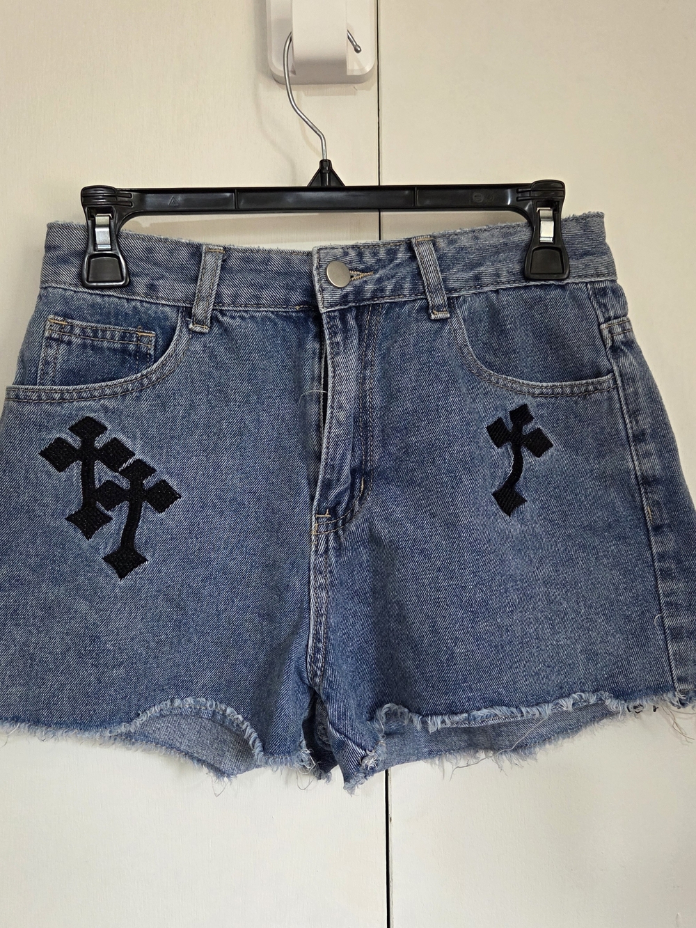 Blue Denim Women's Shorts with Black Embroidered Cross Details Goth